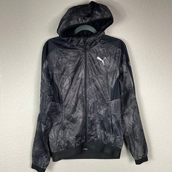 Puma Storm Cell Running Lightweight Hooded Jacket Full Zip Black Gray Sz S - Picture 1 of 10